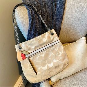 NEW Coach Poppy Signature Metallic Jacquard Khaki Chain Purse Tote Bag